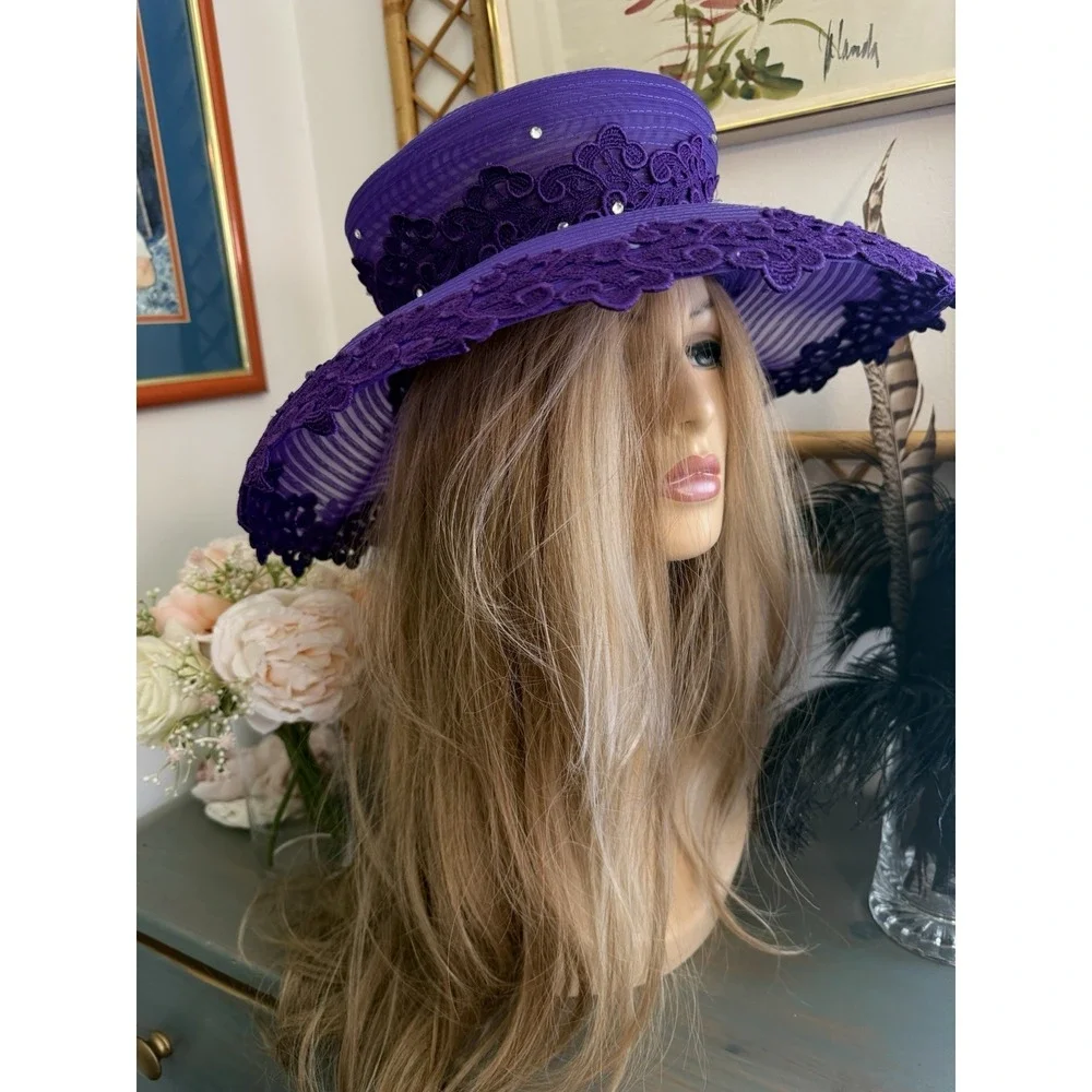 Mr Hi's Classic‎ Purple Wide Brim Lace Hat Ribbon Net Rhinestones Vintage 1970s